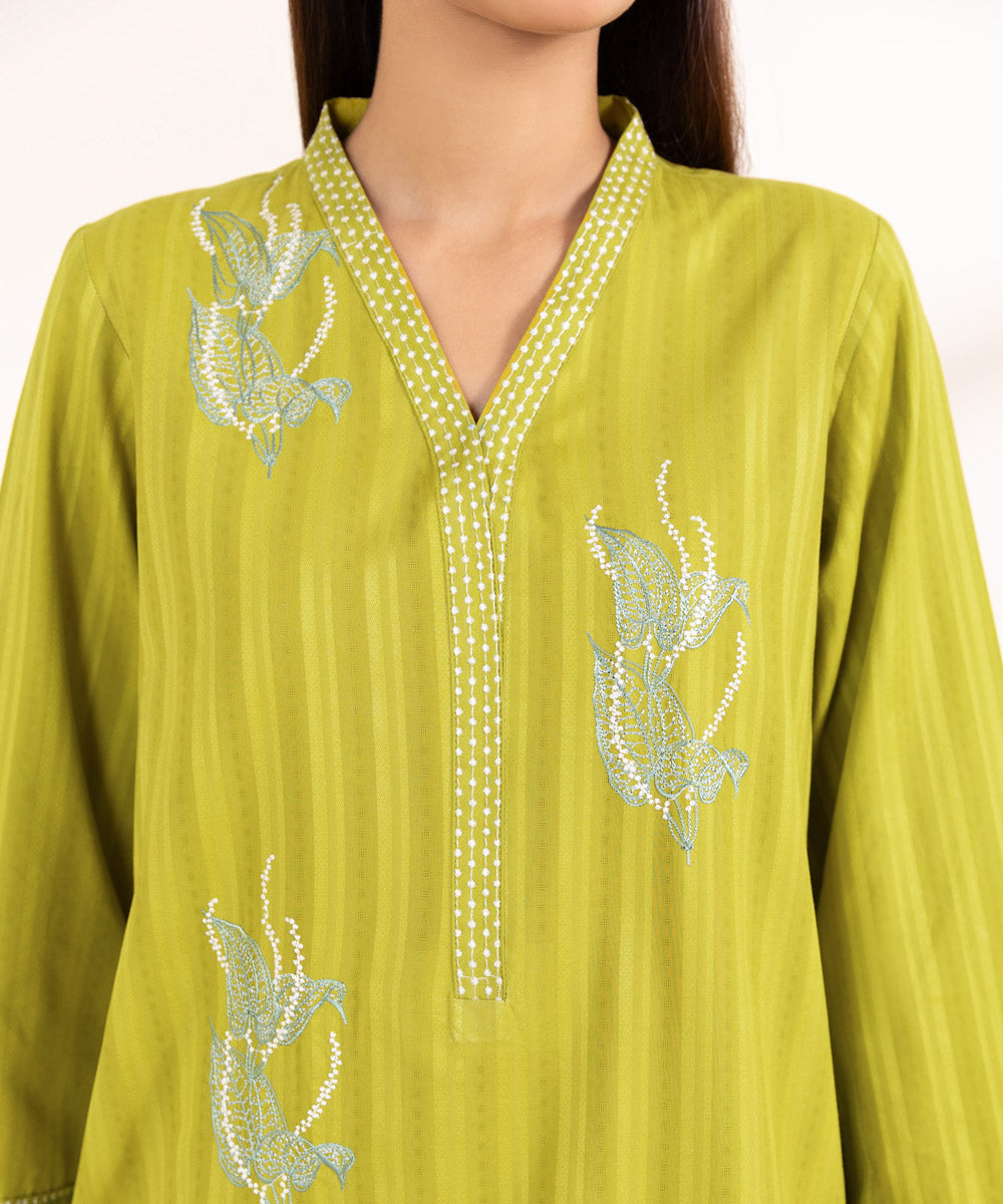 Women's Pret Dobby Solid Embroidered Green A-Line Shirt