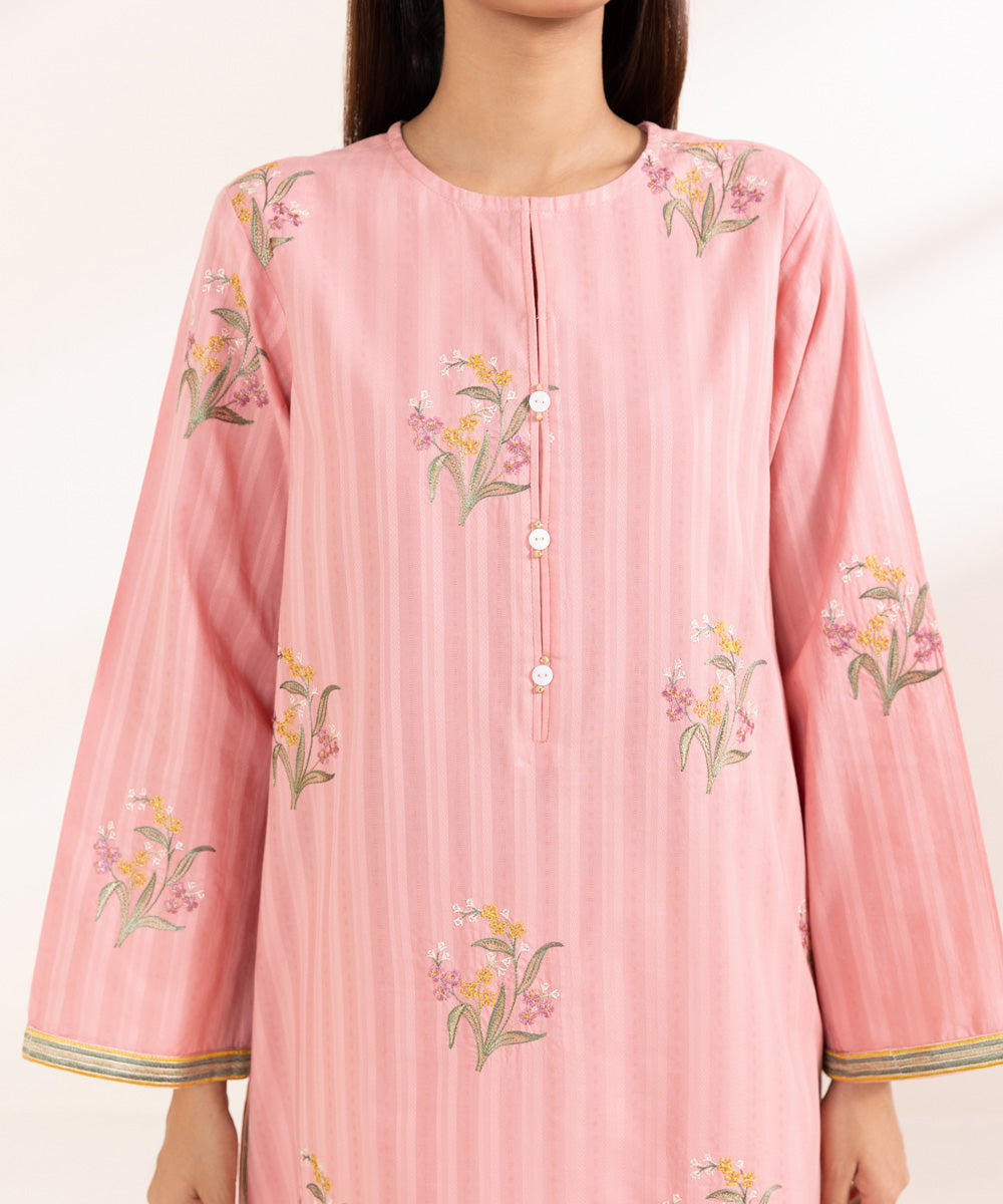 Women's Pret Dobby Solid Embroidered Pink Straight Shirt