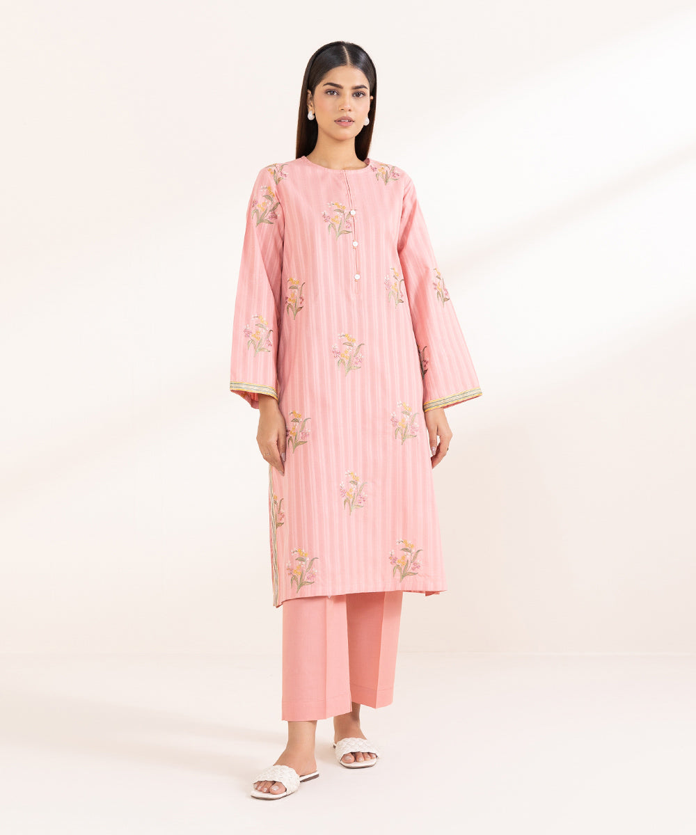 Women's Pret Dobby Solid Embroidered Pink Straight Shirt