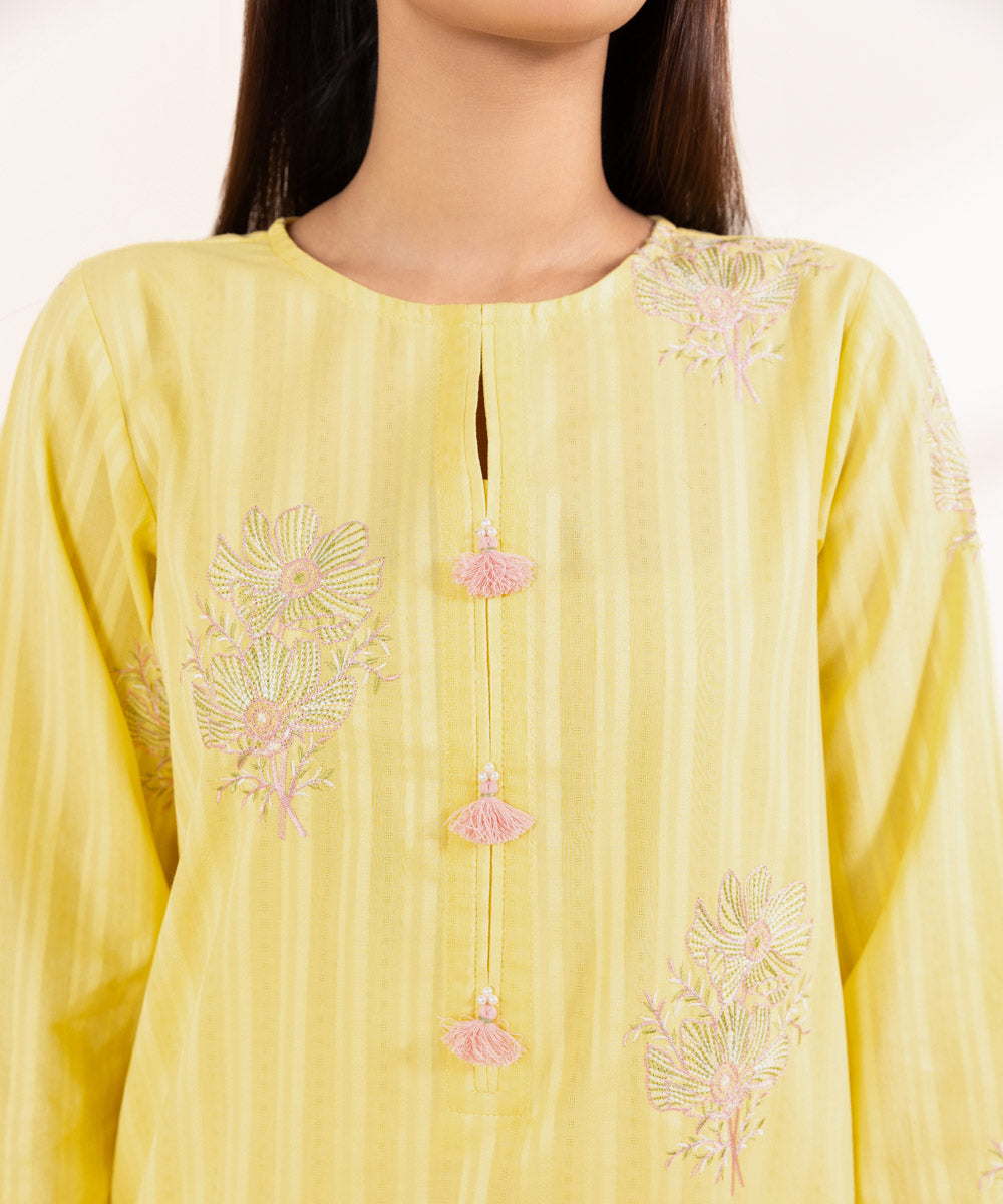 Women's Pret Dobby Solid Embroidered Yellow A-Line Shirt