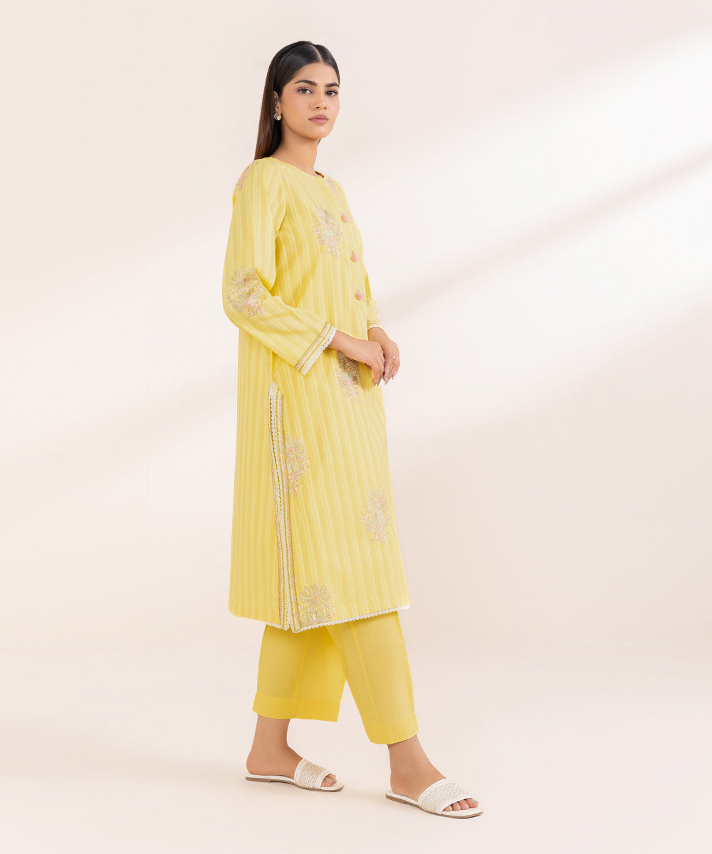 Women's Pret Dobby Solid Embroidered Yellow A-Line Shirt