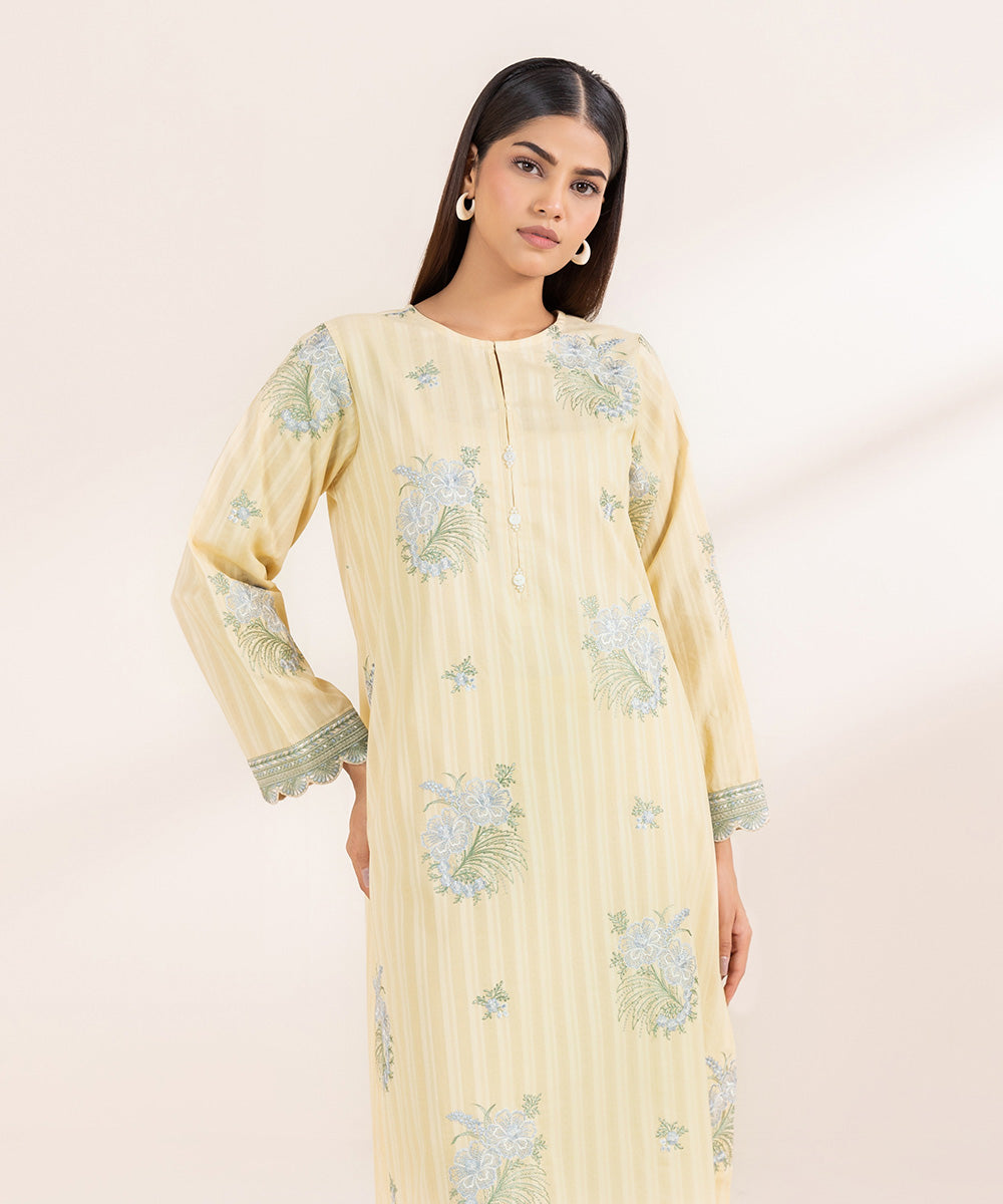 Women's Pret Dobby Solid Embroidered Yellow A-Line Shirt