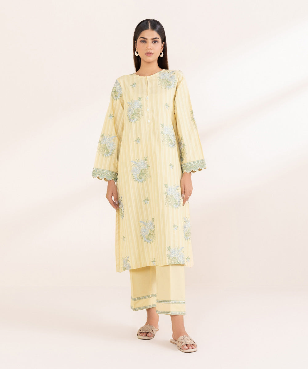 Women's Pret Dobby Solid Embroidered Yellow A-Line Shirt