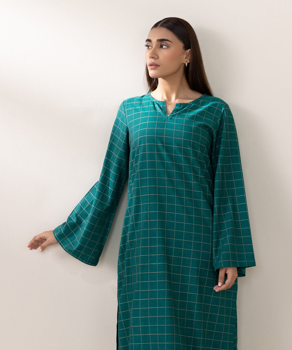 Women's Pret Yarn Dyed Cotton Solid Green A-line Shirt