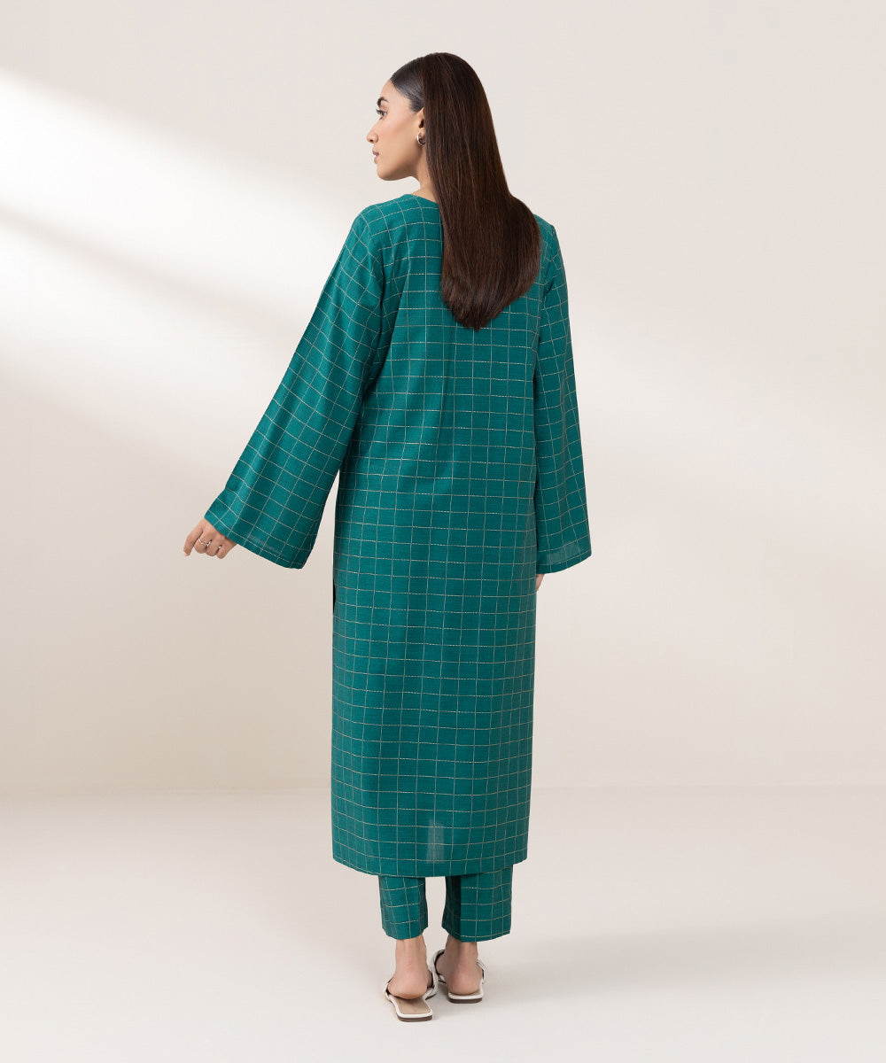 Women's Pret Yarn Dyed Cotton Solid Green A-line Shirt