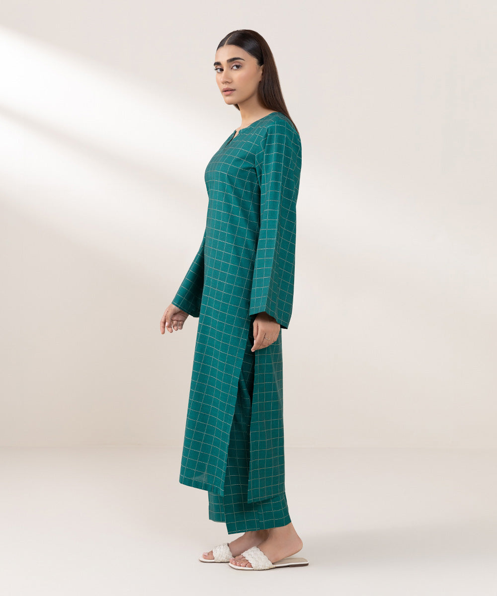 Women's Pret Yarn Dyed Cotton Solid Green A-line Shirt