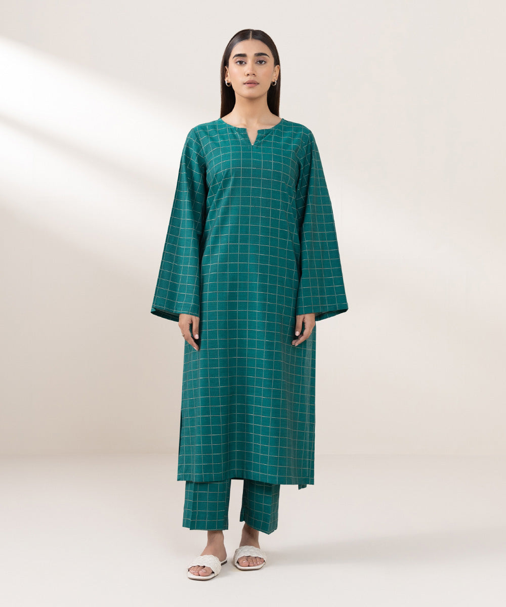 Women's Pret Yarn Dyed Cotton Solid Green A-line Shirt