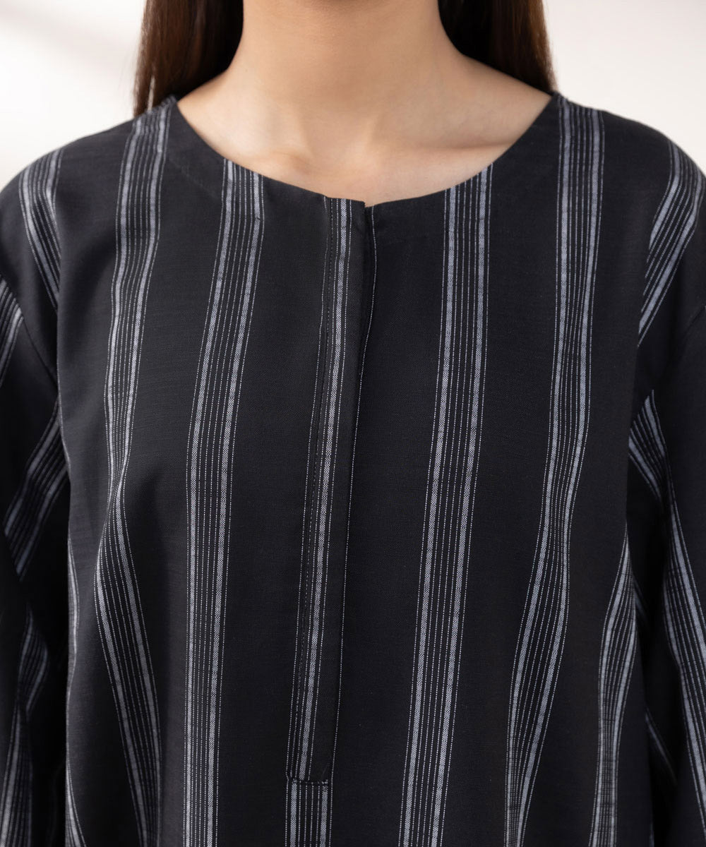 Women's Pret Yarn Dyed Cotton Solid Black A-line Shirt