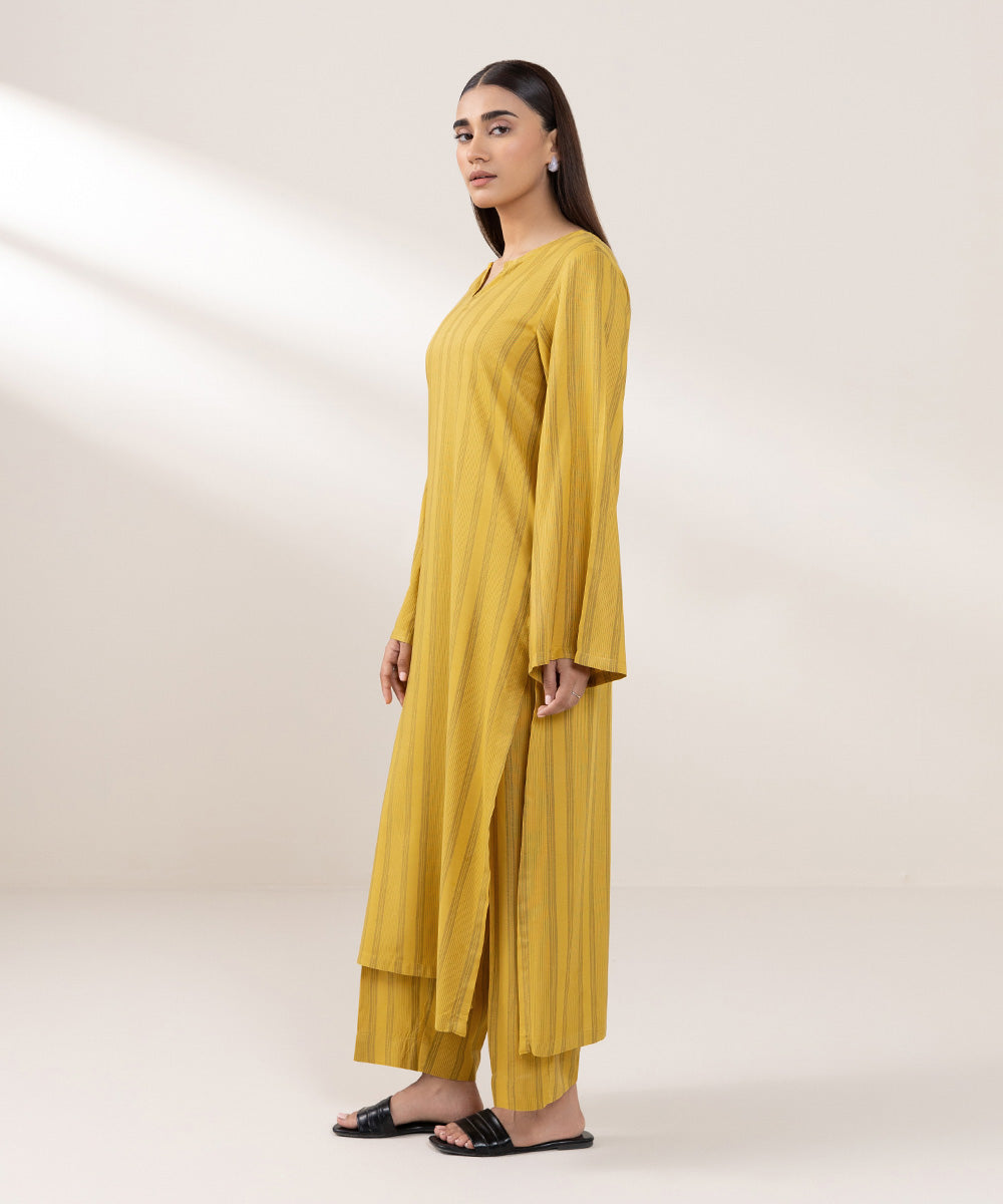 Women's Pret Yarn Dyed Cotton Solid Yellow Straight Shirt