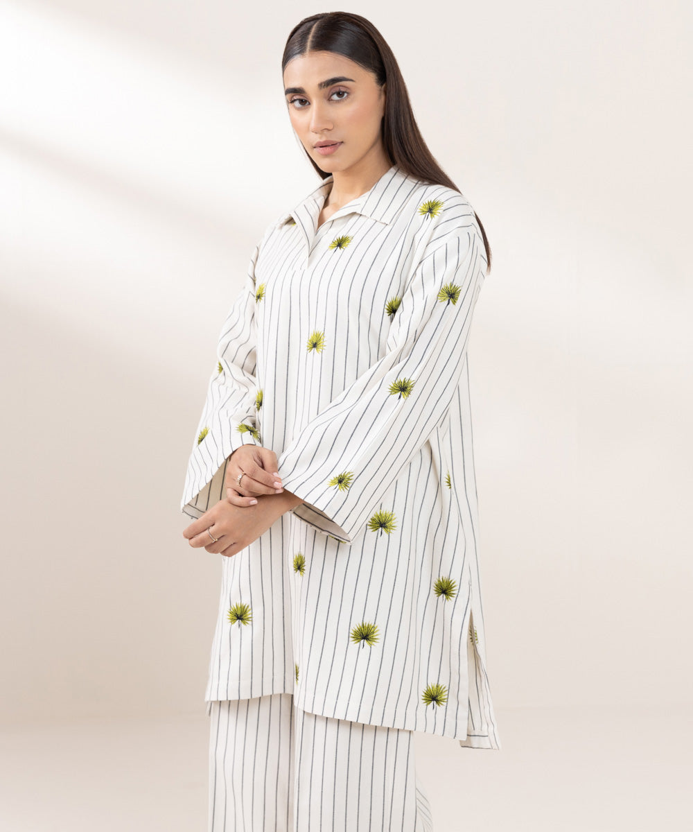 Women's Pret Yarn Dyed Cotton Embroidered Off White Boxy Shirt