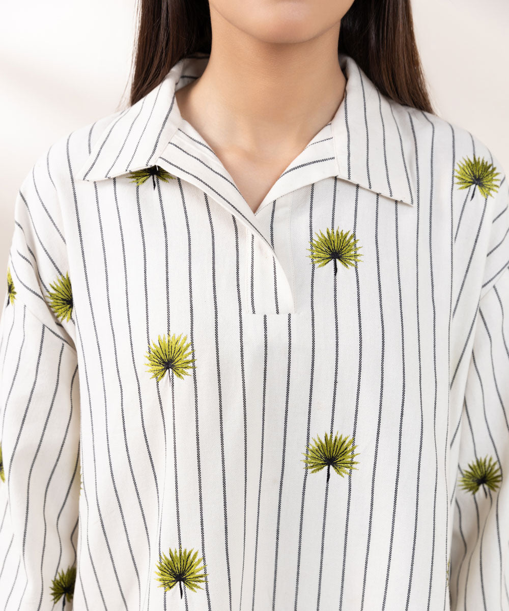 Women's Pret Yarn Dyed Cotton Embroidered Off White Boxy Shirt