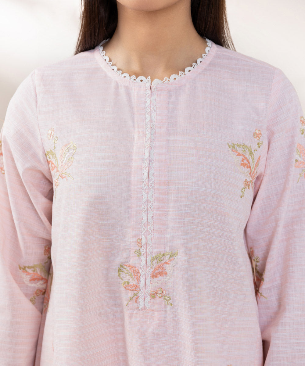 Women's Pret Yarn Dyed Cotton Embroidered Pink A-line Shirt