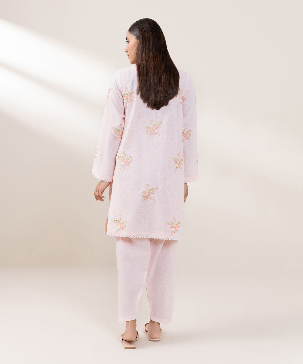 Women's Pret Yarn Dyed Cotton Embroidered Pink A-line Shirt