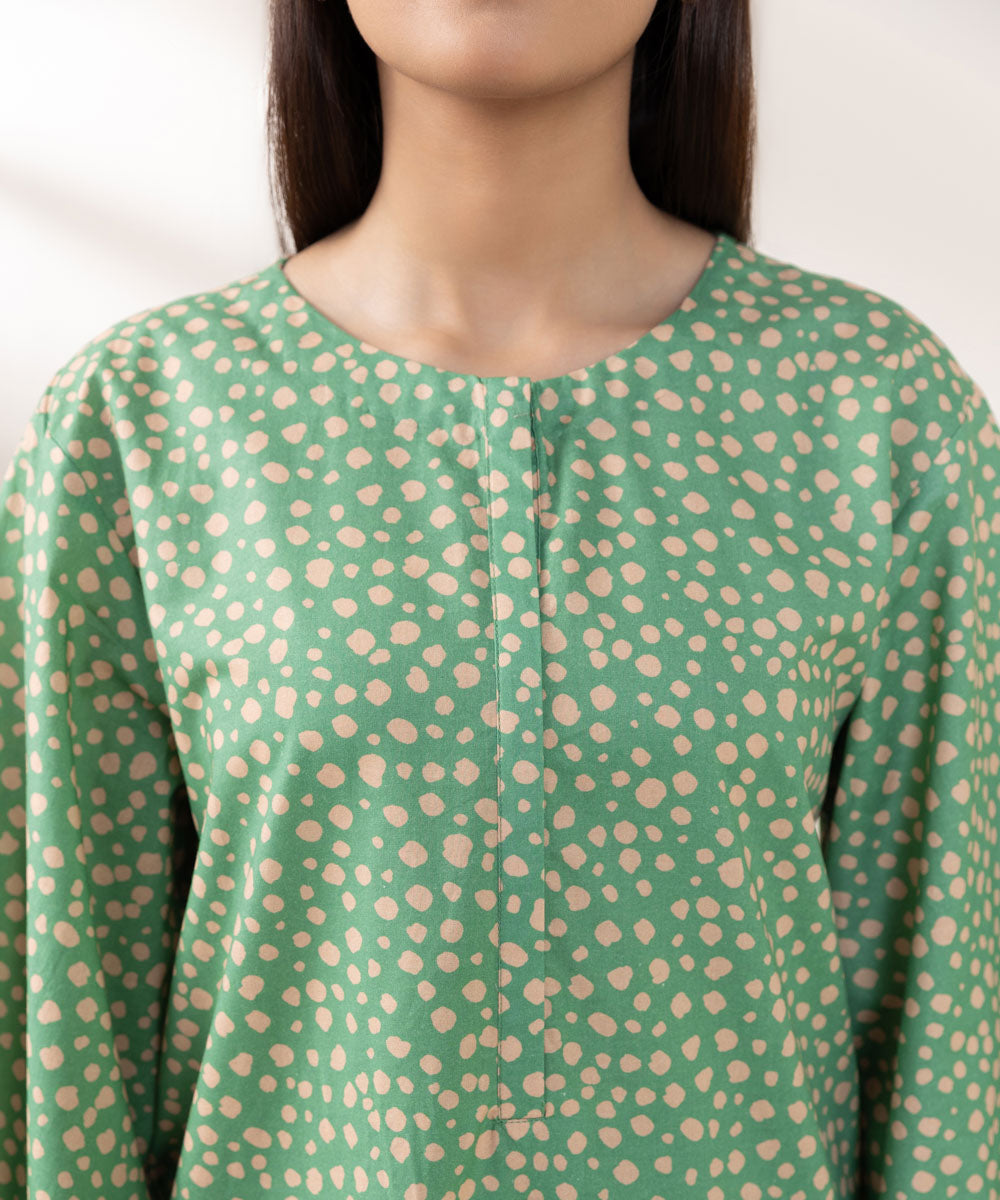 Women's Pret Cambric Printed Green Straight Shirt