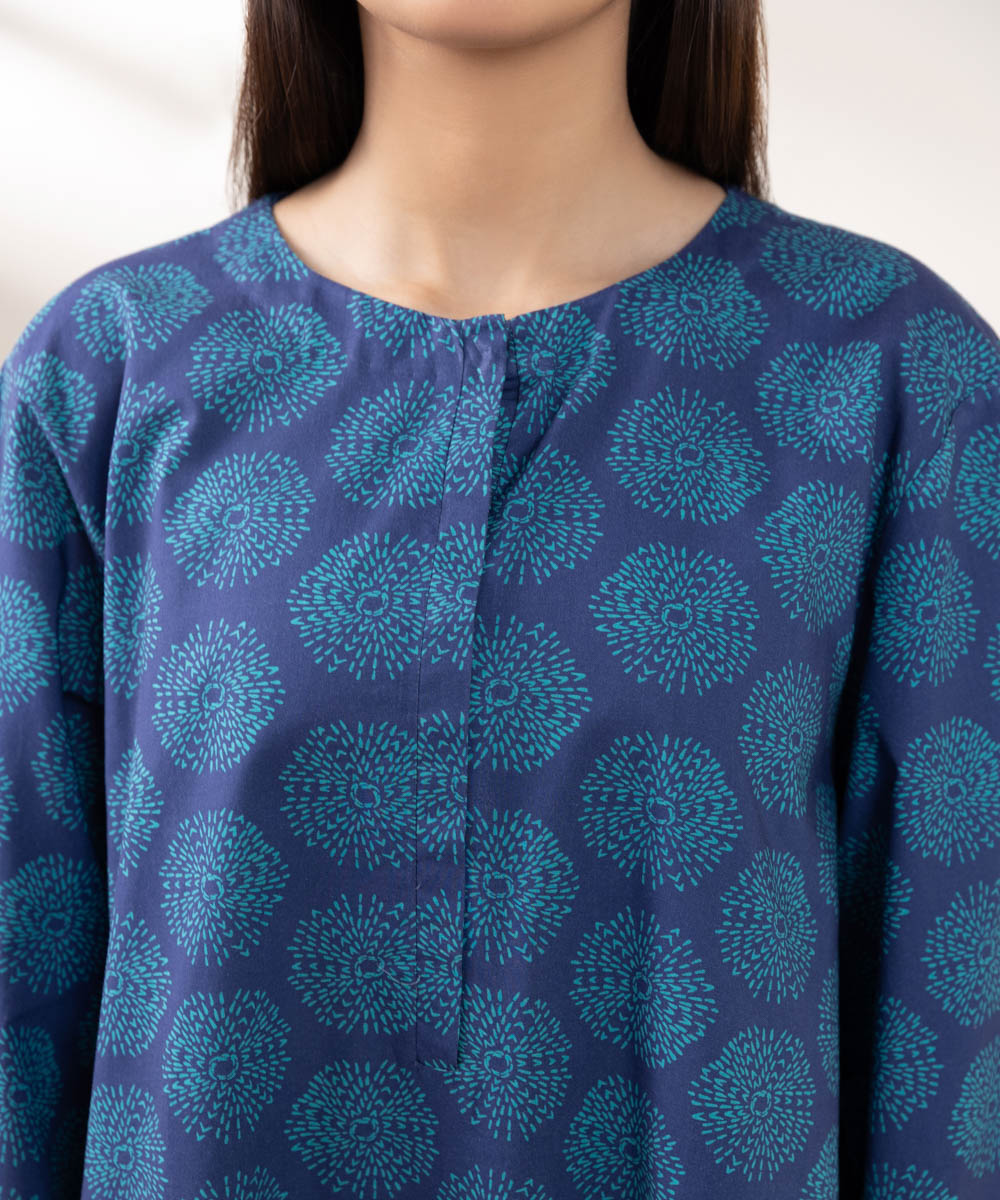 Women's Pret Cambric Printed Blue Straight Shirt