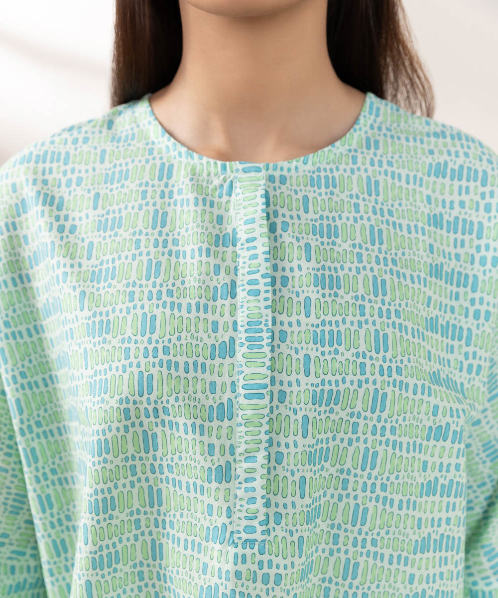 Women's Pret Cambric Printed Blue Drop Shoulder Shirt