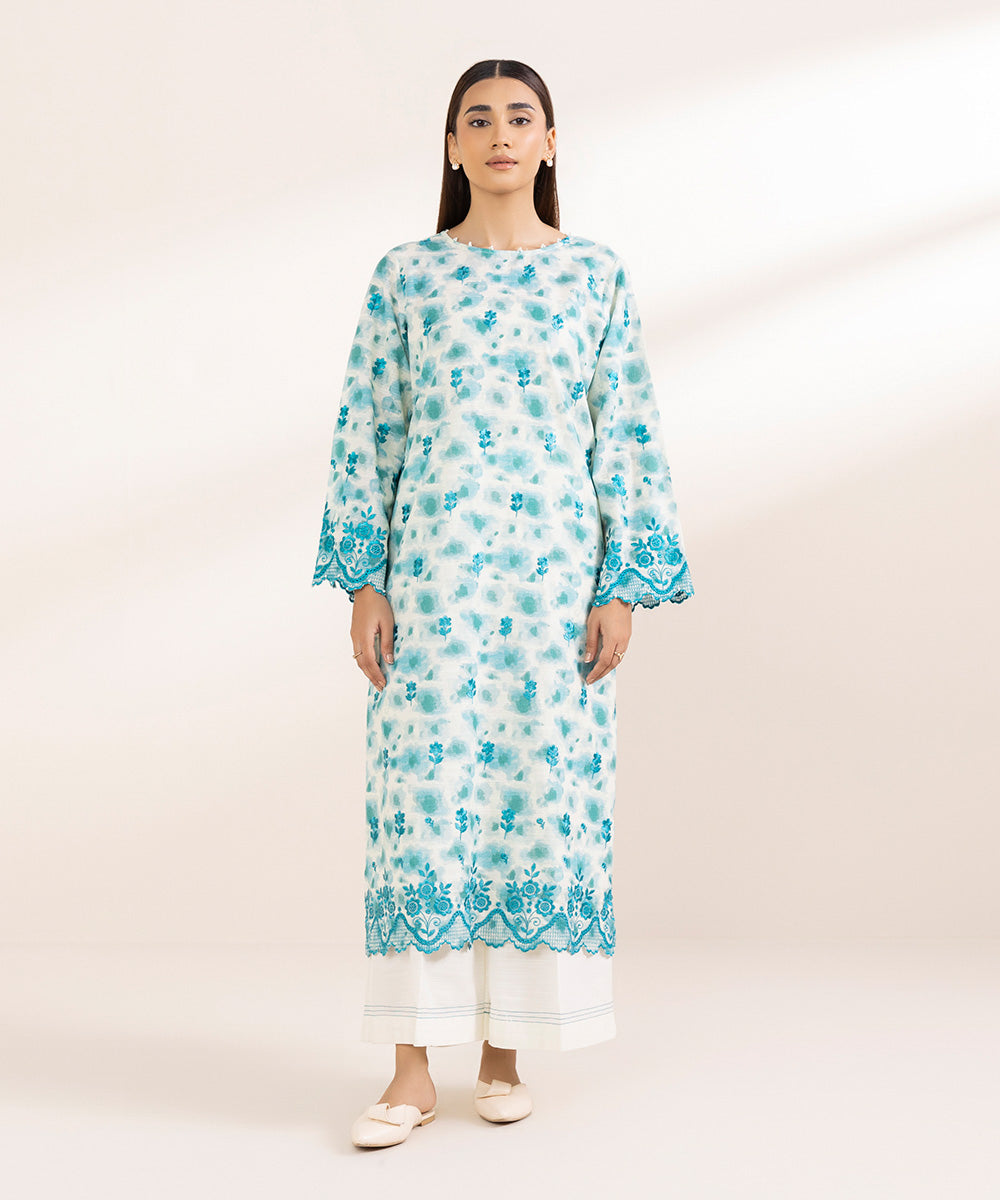 Women's Pret Khaddar Blue Embroidered A-Line Shirt