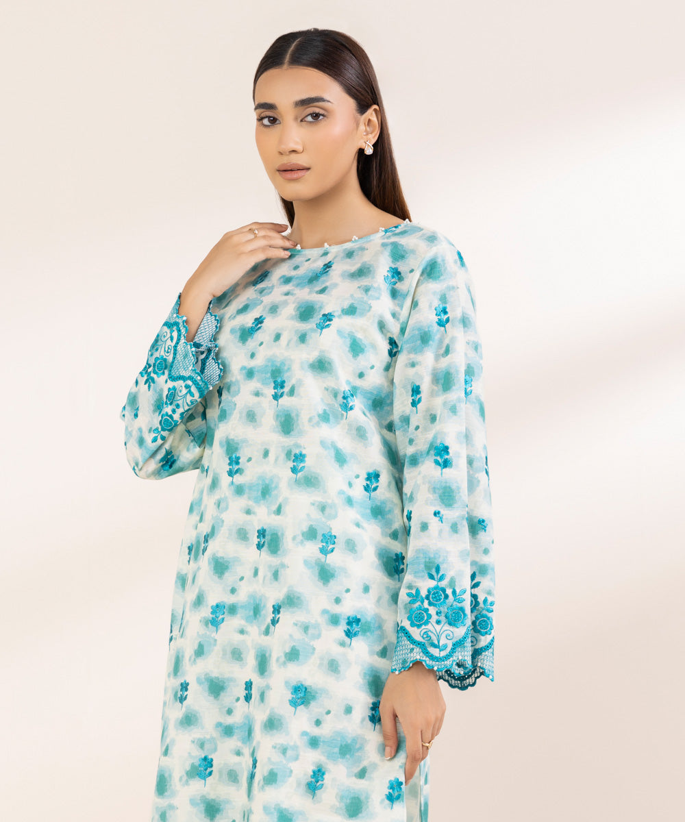 Women's Pret Khaddar Blue Embroidered A-Line Shirt