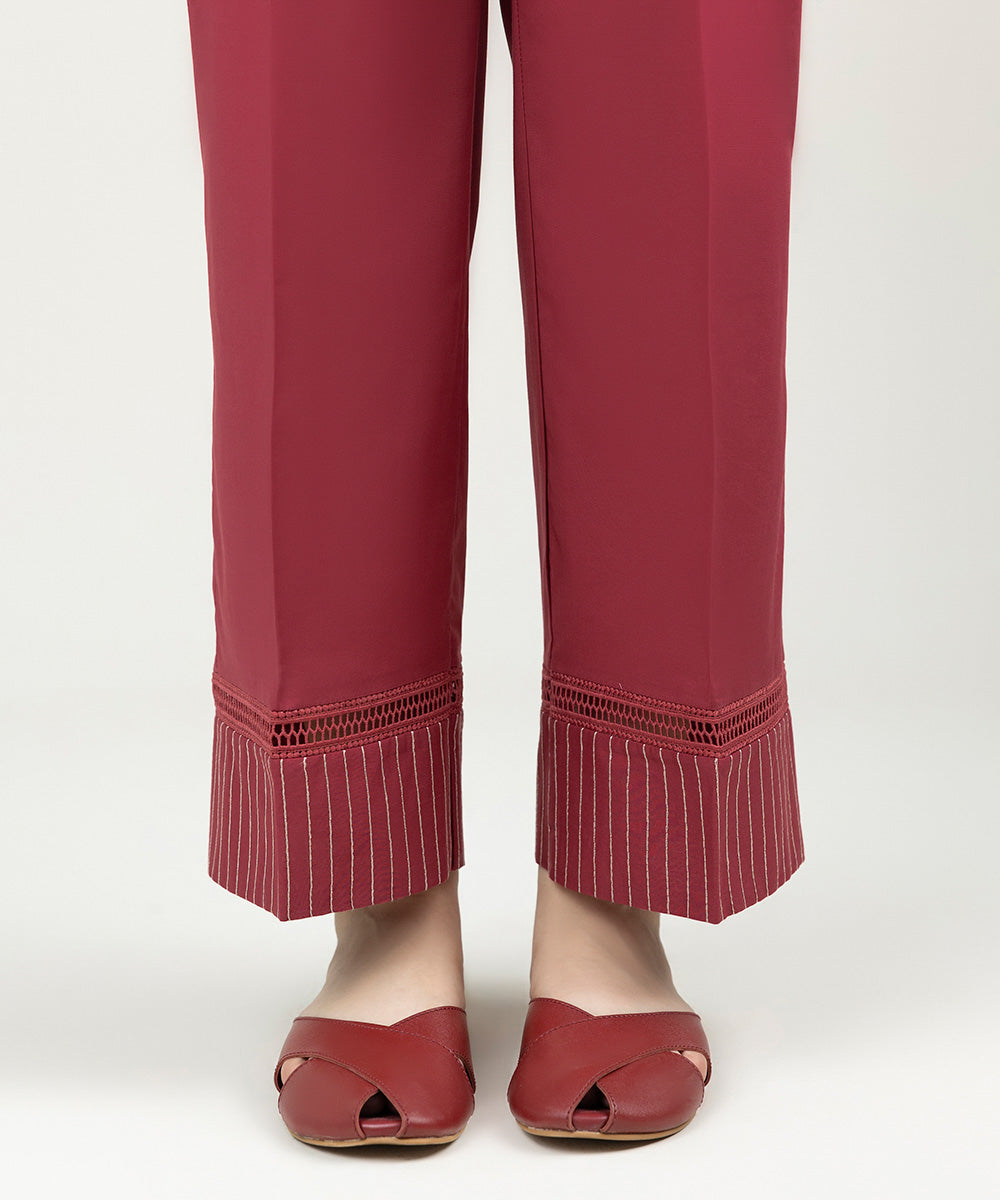 Women's Pret Cambric Solid Pinkish Red Straight Pants