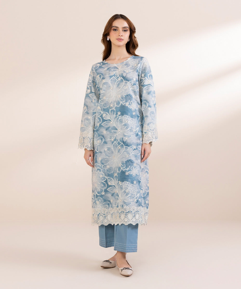 Women's Pret Khaddar Blue Embroidered A-Line Shirt