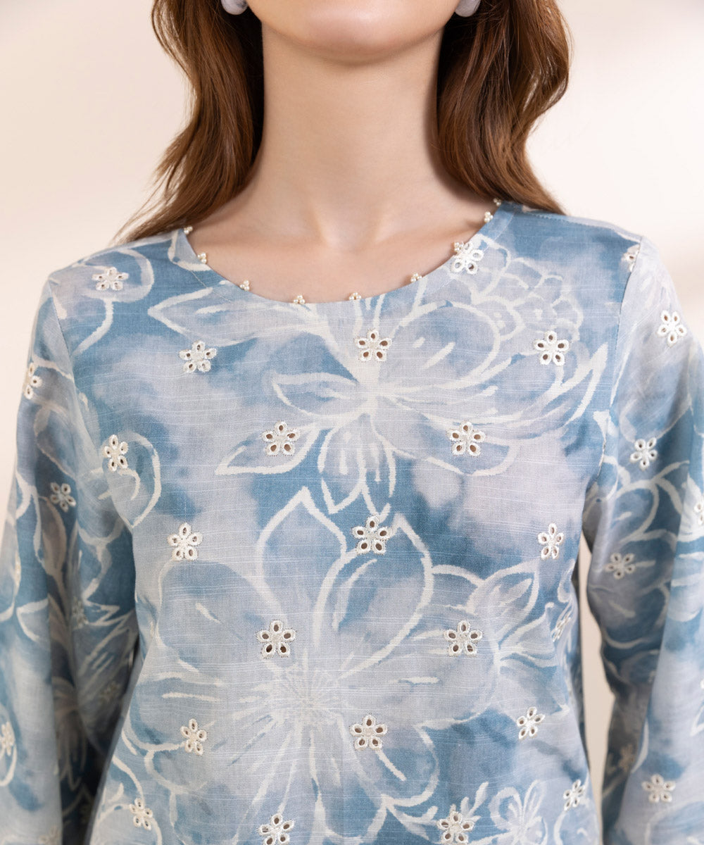 Women's Pret Khaddar Blue Embroidered A-Line Shirt