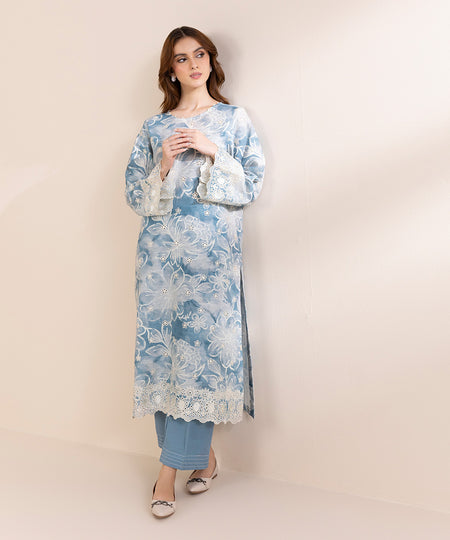 Women's Pret Khaddar Blue Embroidered A-Line Shirt