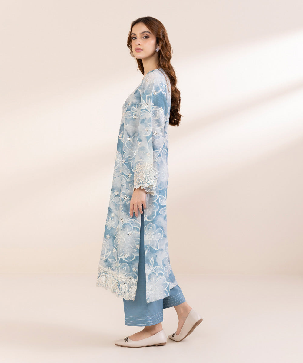 Women's Pret Khaddar Blue Embroidered A-Line Shirt