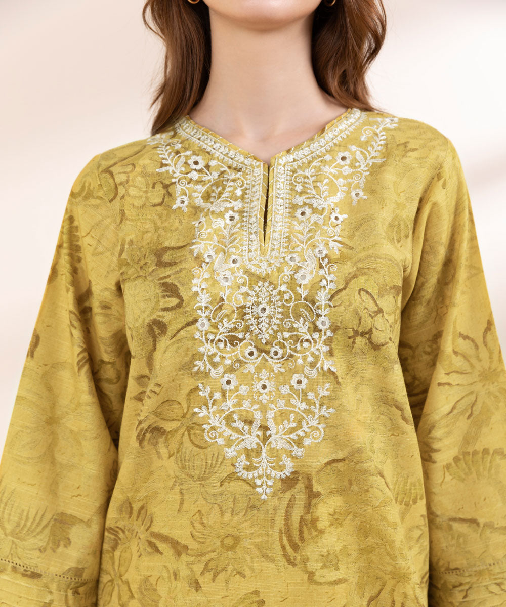 Women's Pret Khaddar Yellow Embroidered A-Line Shirt