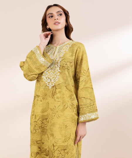 Women's Pret Khaddar Yellow Embroidered A-Line Shirt