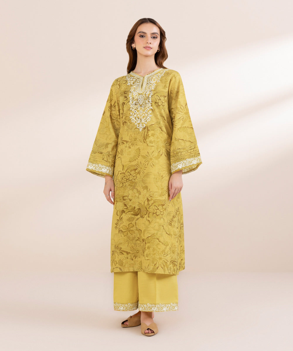 Women's Pret Khaddar Yellow Embroidered A-Line Shirt