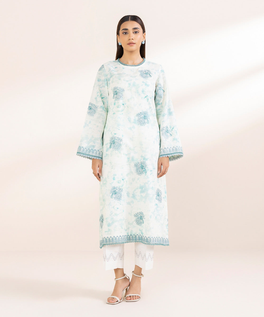 Women's Pret Khaddar Blue Embroidered A-Line Shirt