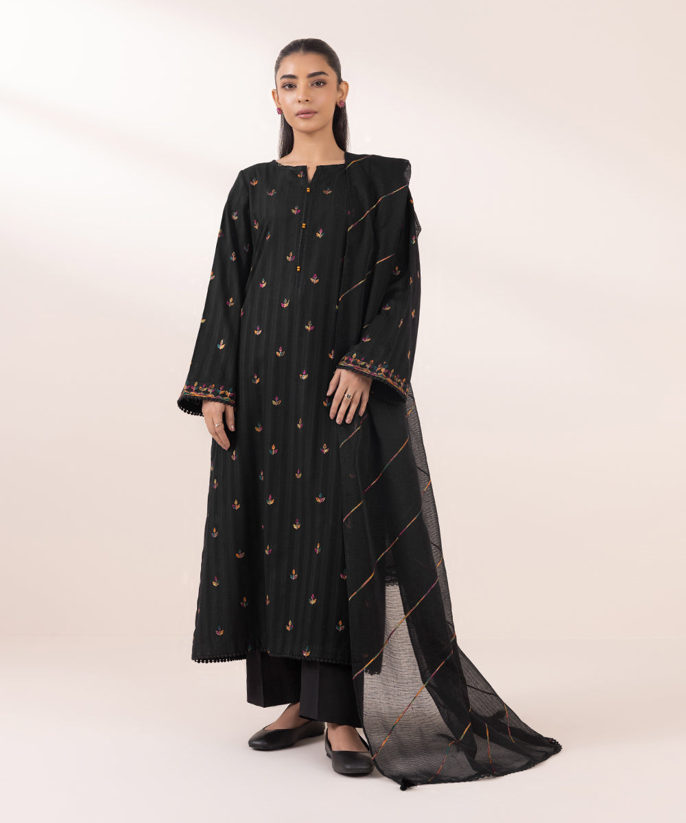 Blended Textured Karandi Black Embroidered Dupatta