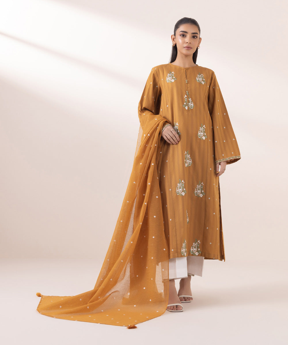 Blended Textured Karandi Orange Embroidered Dupatta