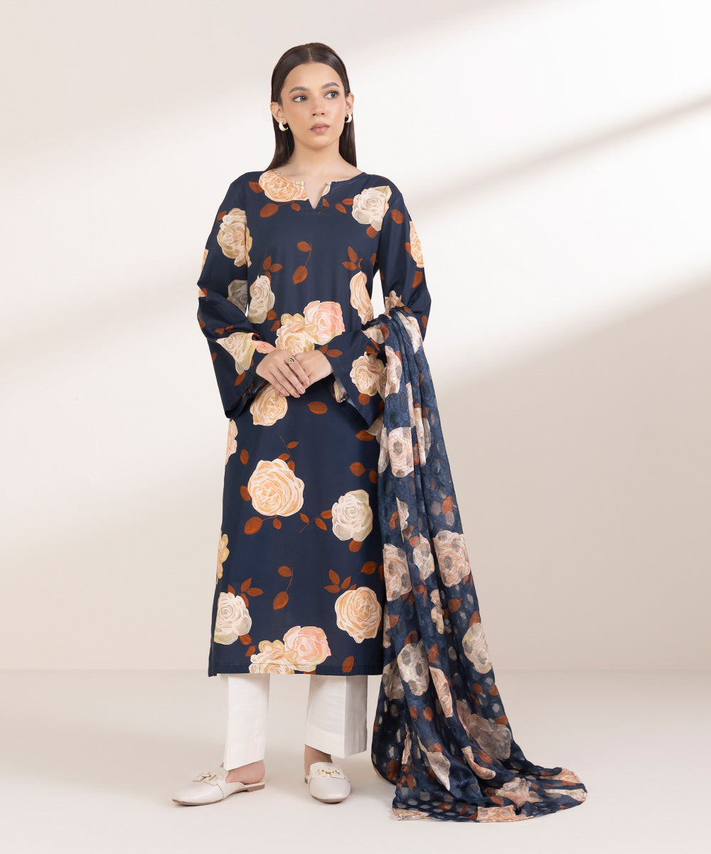 Brochea Jacquard Printed Navy Blue Dupatta