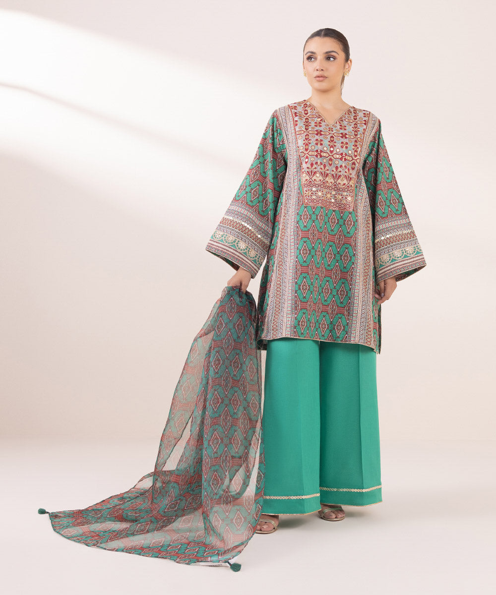 Women's Pret Khaddar Green Embroidered A-Line Shirt