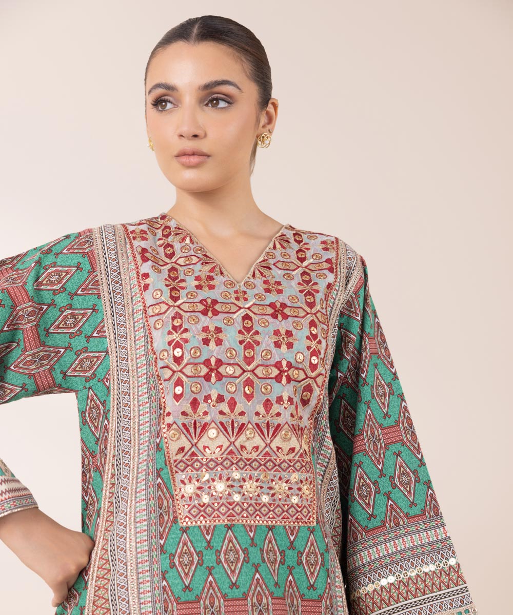 Women's Pret Khaddar Green Embroidered A-Line Shirt