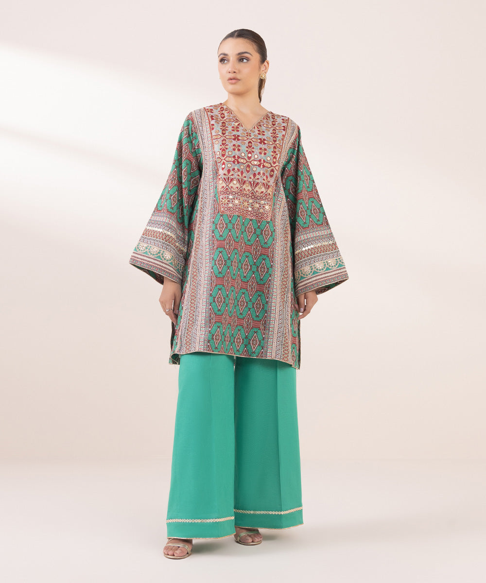 Women's Pret Khaddar Green Embroidered A-Line Shirt