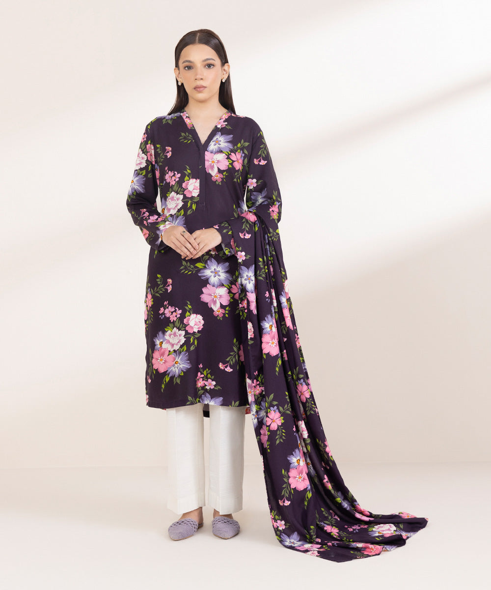 Dull Raw Silk Printed Deep Purple Dupatta