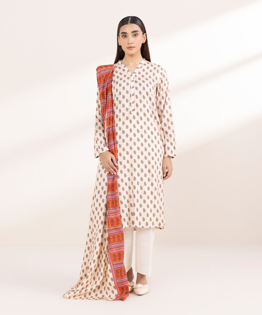 Dull Raw Silk Printed Cream Dupatta