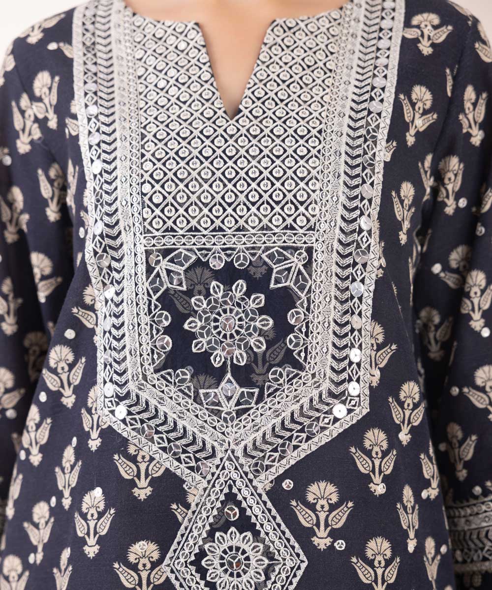 Women's Pret Khaddar Blue Embroidered A-Line Shirt