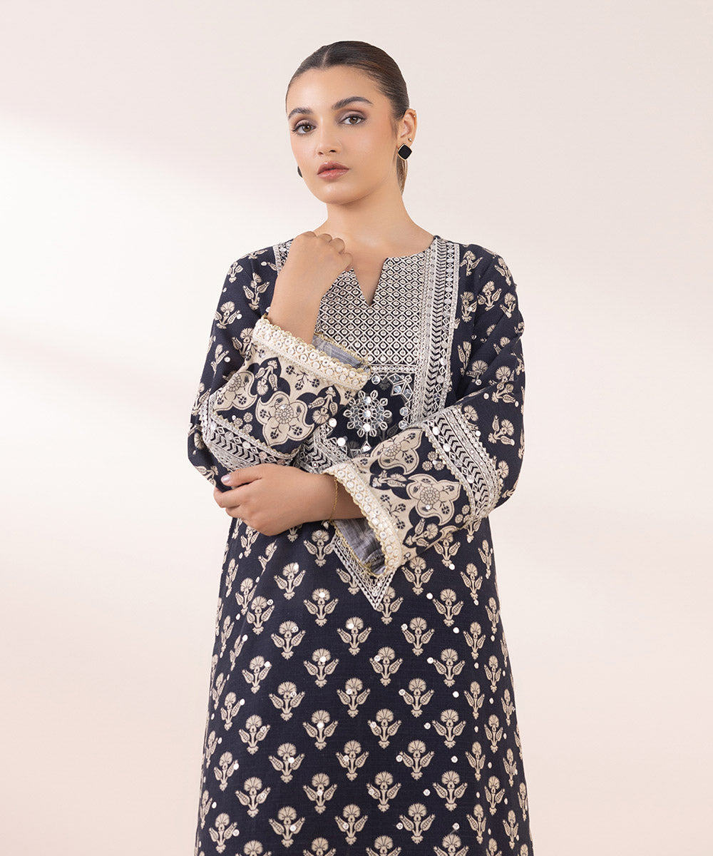 Women's Pret Khaddar Blue Embroidered A-Line Shirt