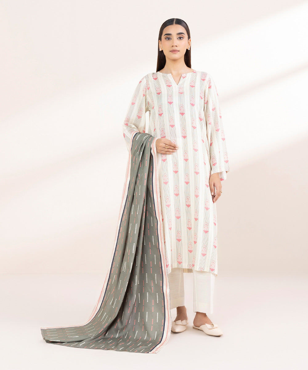 Dull Raw Silk Printed Sage Green Dupatta