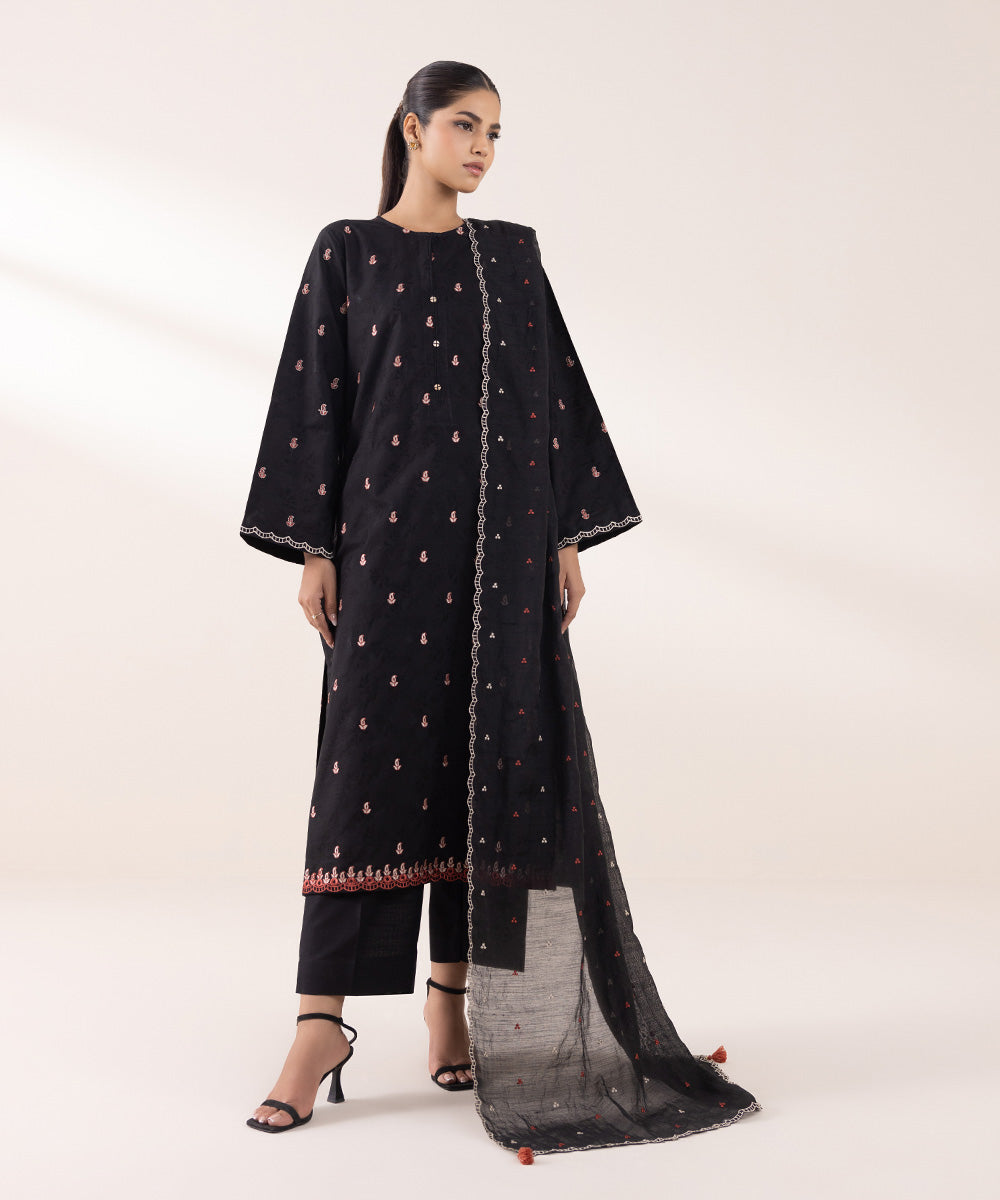 Dull Raw Silk Embroidered Black Dupatta