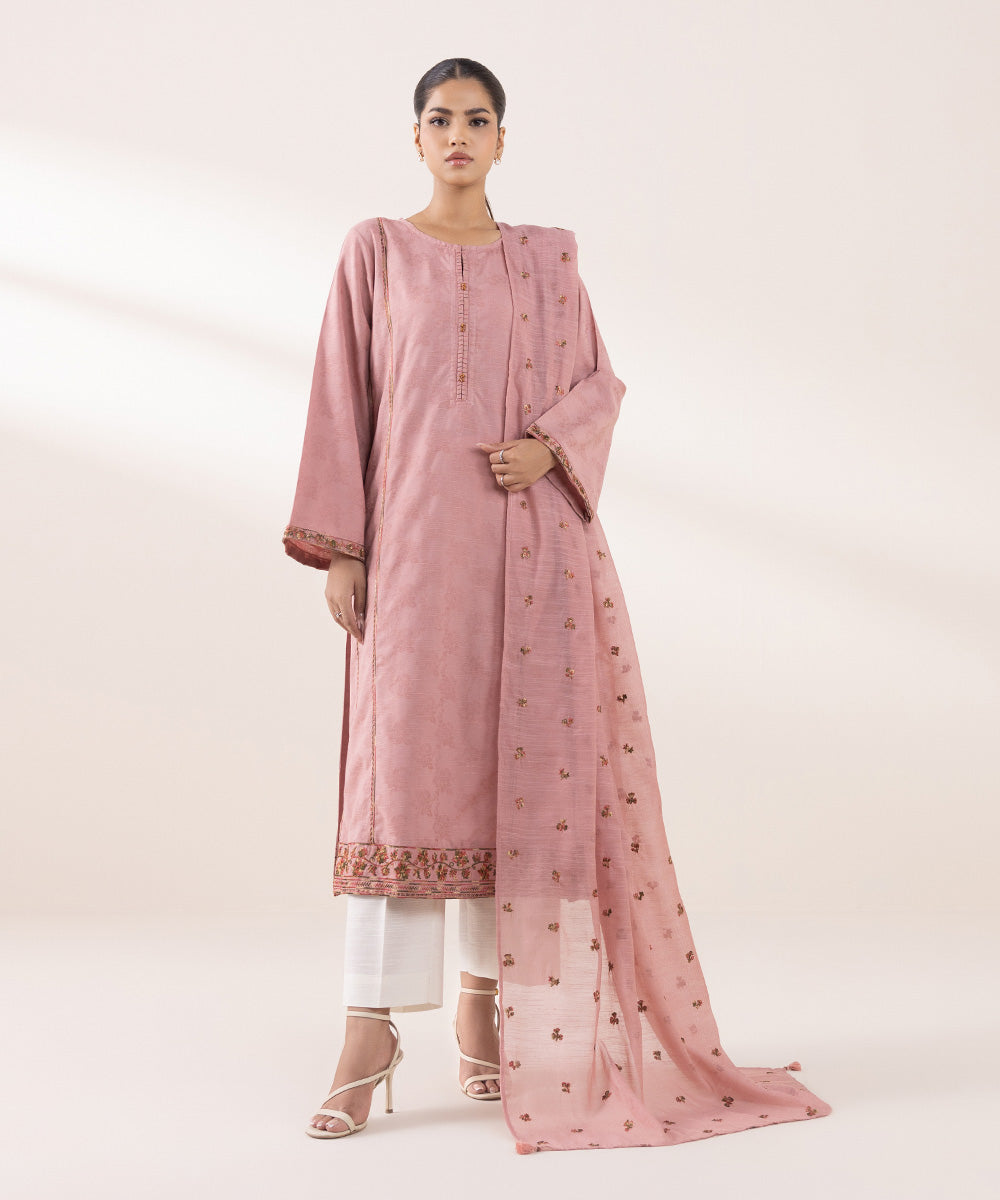 Dull Raw Silk Embroidered Tea Pink Dupatta