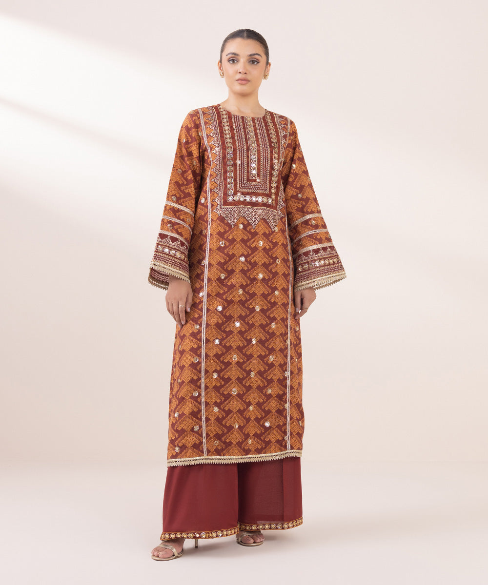 Women's Pret Khaddar Orange Embroidered A-Line Shirt