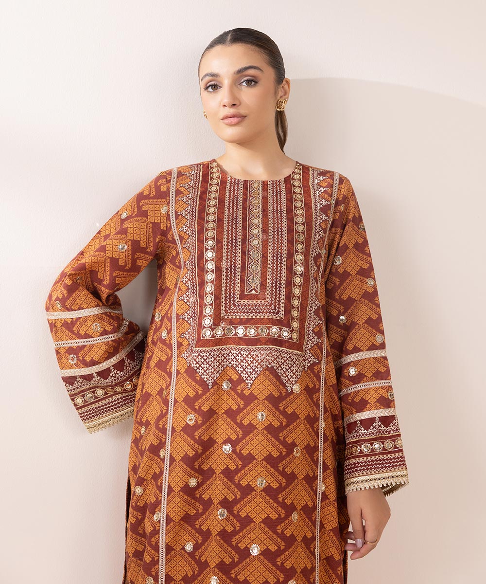 Women's Pret Khaddar Orange Embroidered A-Line Shirt