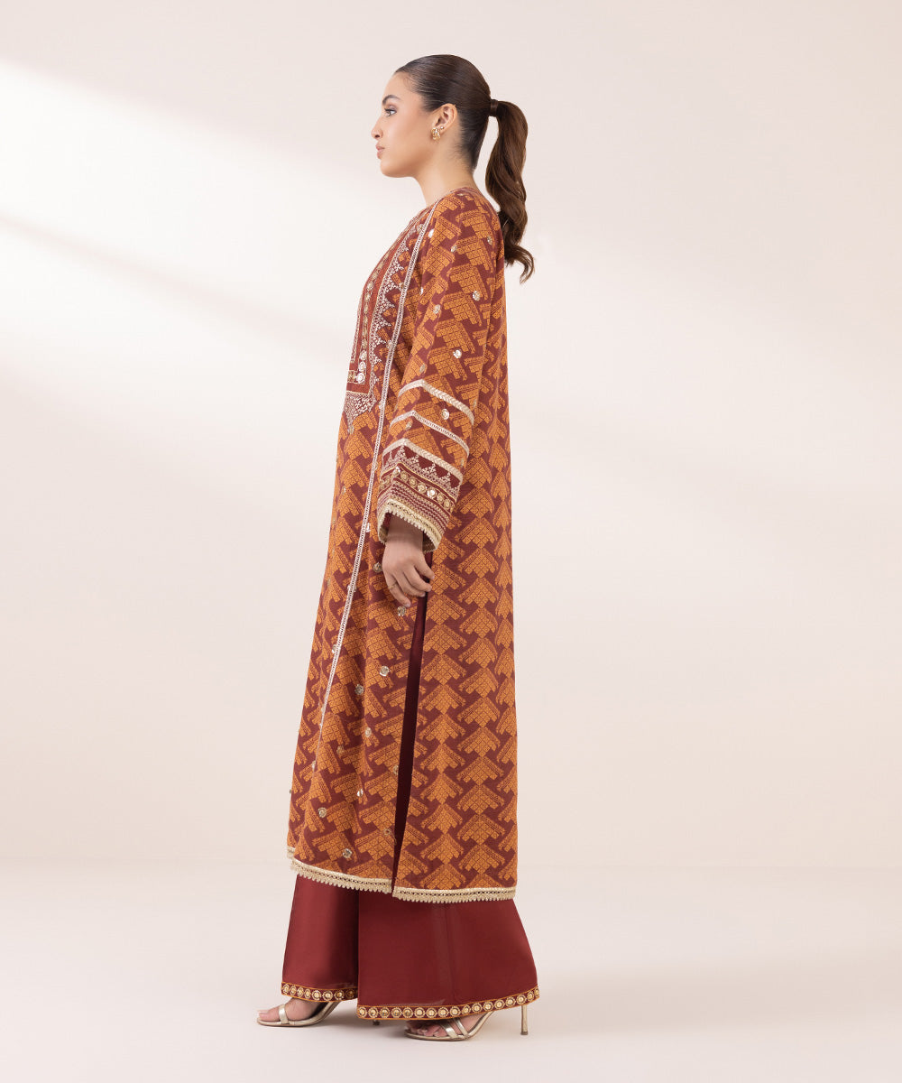 Women's Pret Khaddar Orange Embroidered A-Line Shirt