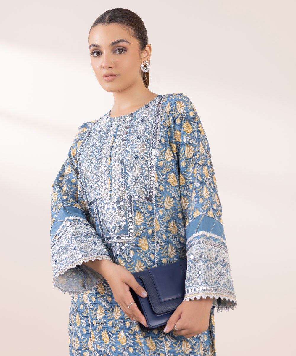 Women's Pret Khaddar Blue Embroidered A-Line Shirt