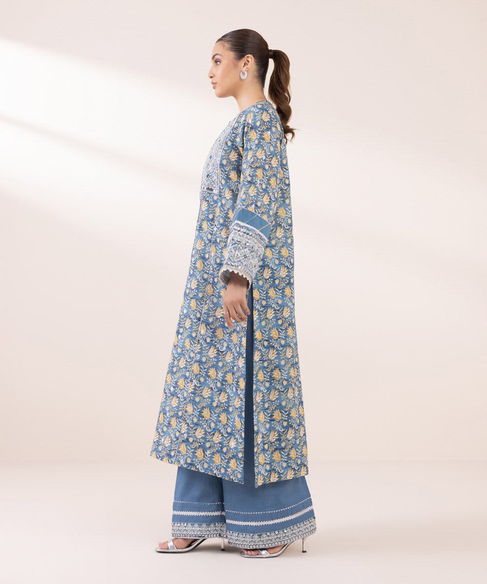 Women's Pret Khaddar Blue Embroidered A-Line Shirt