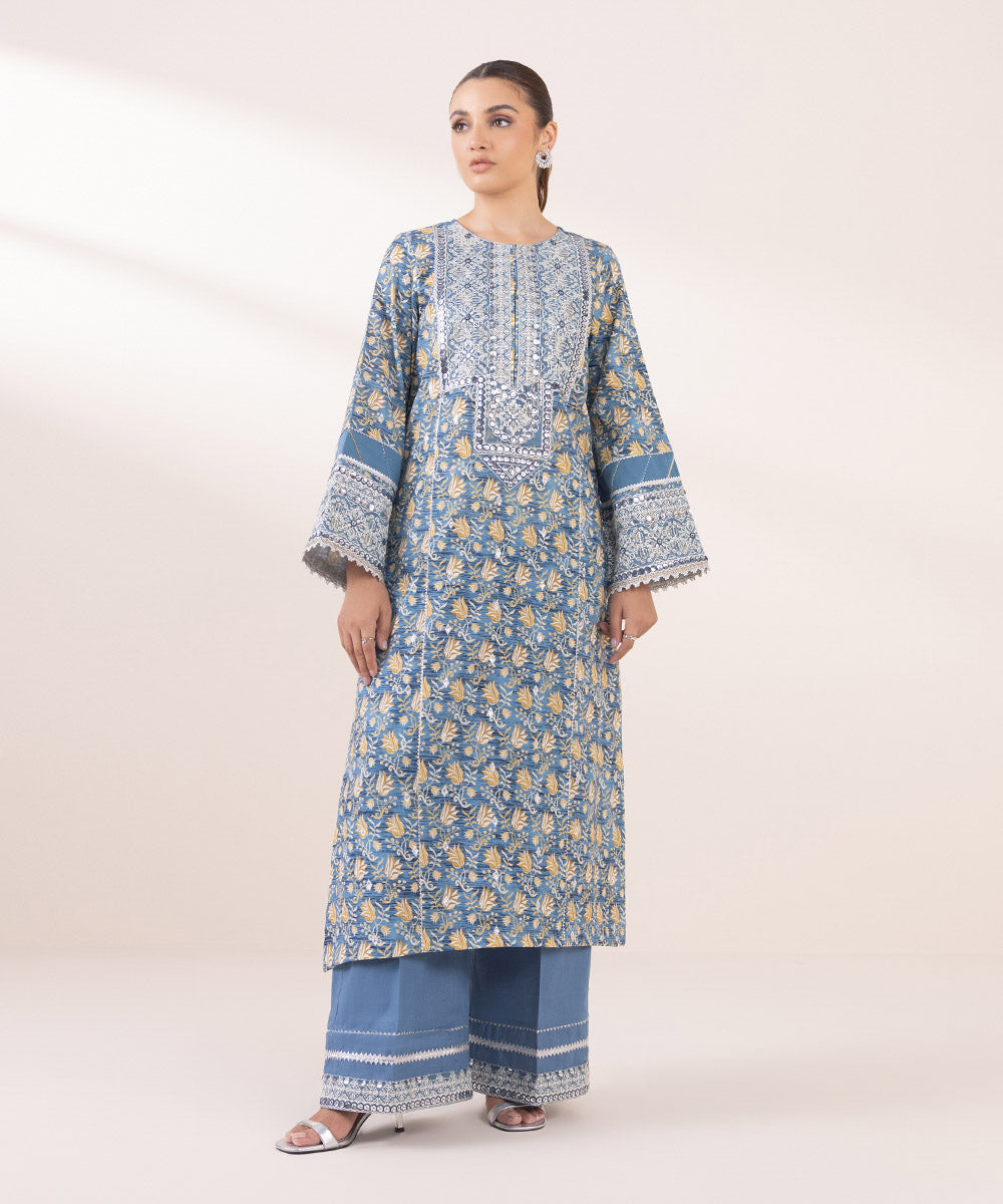 Women's Pret Khaddar Blue Embroidered A-Line Shirt